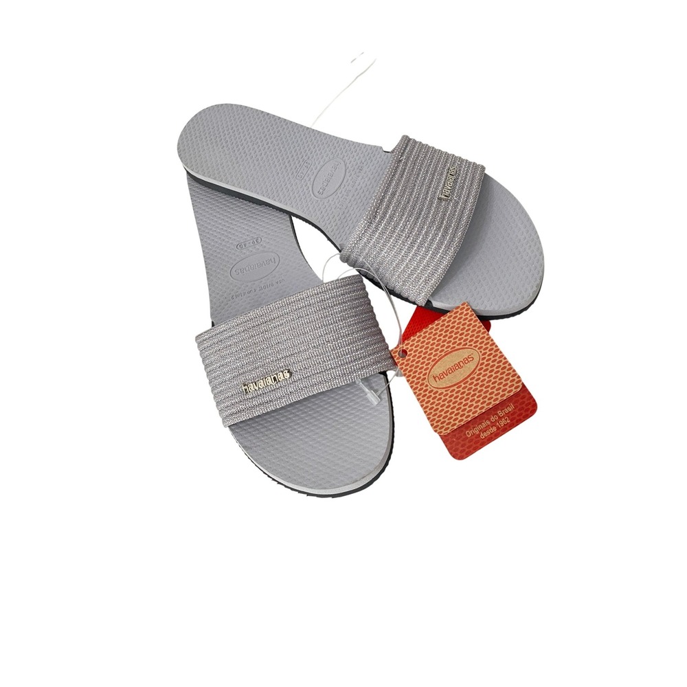 Havaianas Slide Sandals Womens 9/10W Grey Metallic Logo Textured Strap